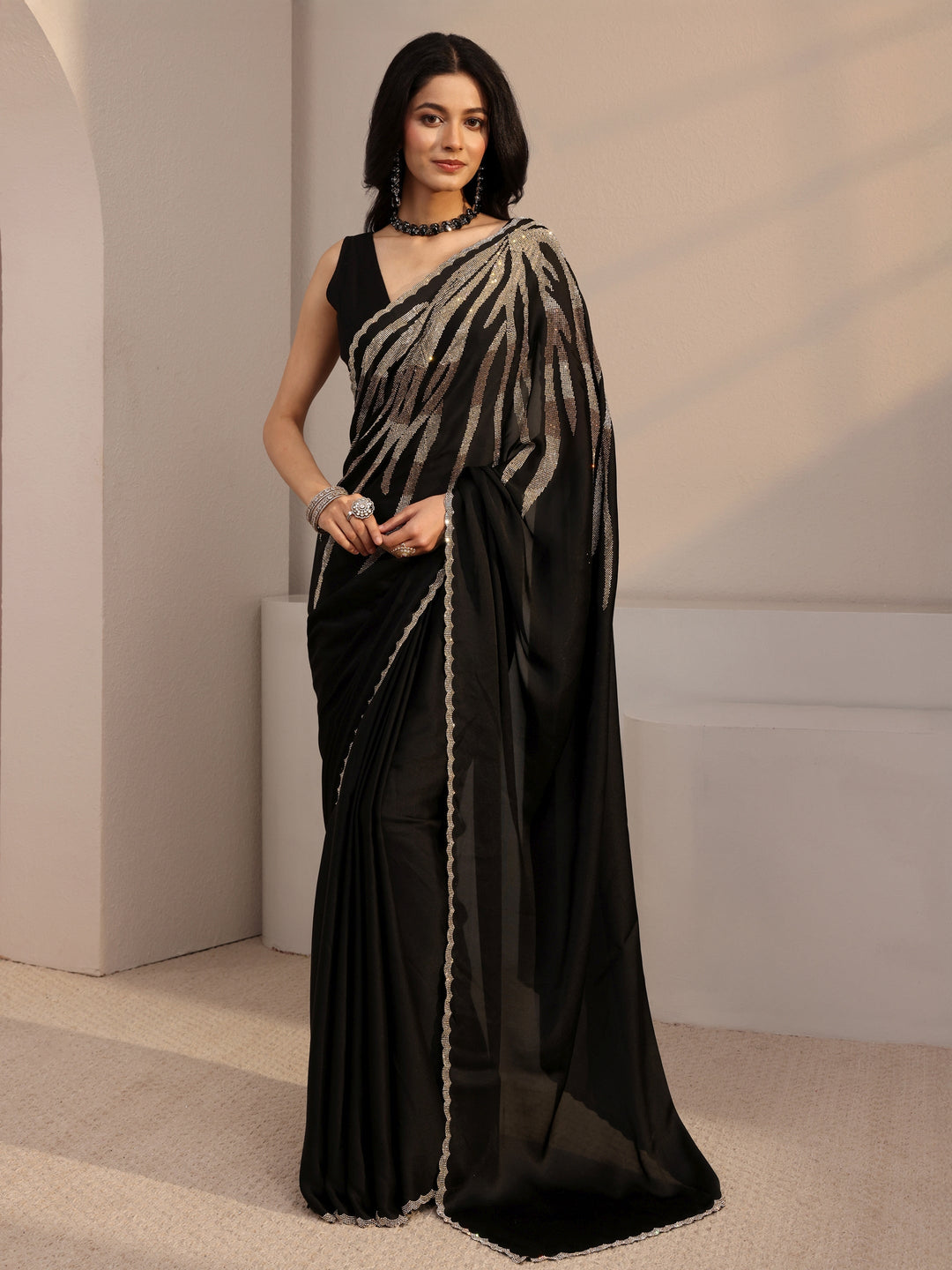 Libas Black Embellished Satin Saree With Unstiched Blouse Piece