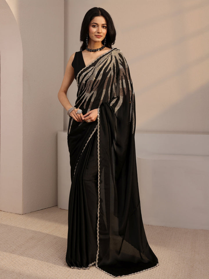Libas Black Embellished Satin Saree With Unstiched Blouse Piece