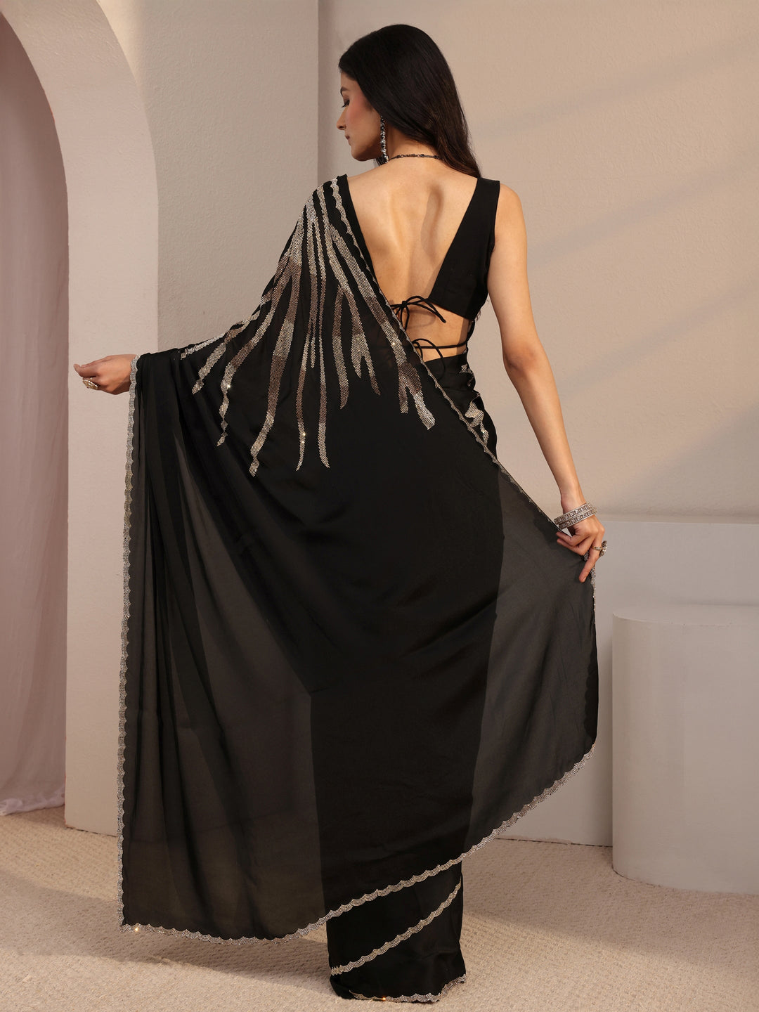 Libas Black Embellished Satin Saree With Unstiched Blouse Piece