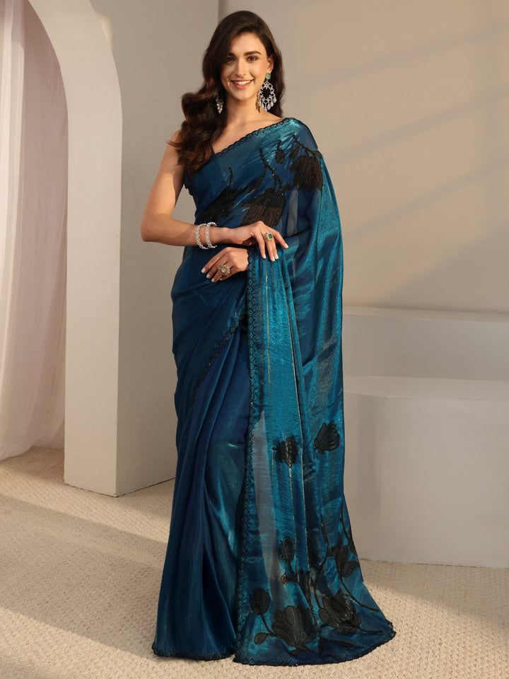 Libas Blue Floral Embellished Tissue Saree With Unstitched Blouse Piece