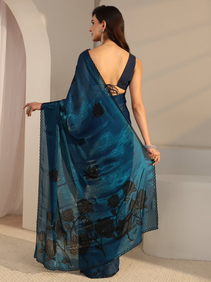 Libas Blue Floral Embellished Tissue Saree With Unstitched Blouse Piece