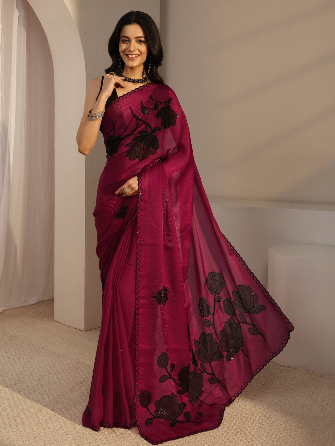 Libas Pink Embellished Tissue Saree With Unstiched Blouse Piece