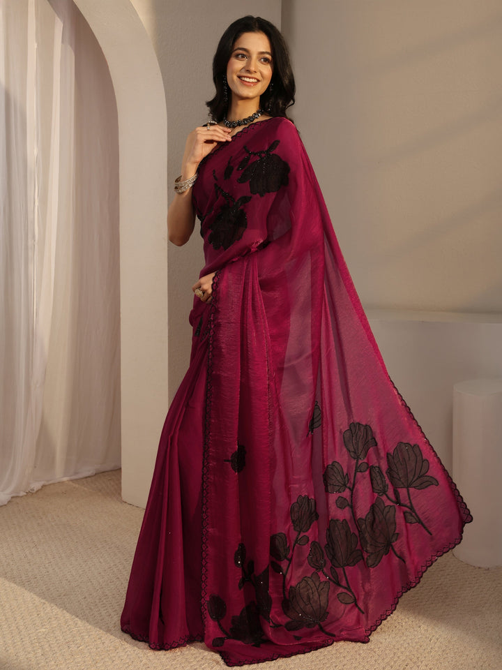 Libas Pink Embellished Tissue Saree With Unstiched Blouse Piece