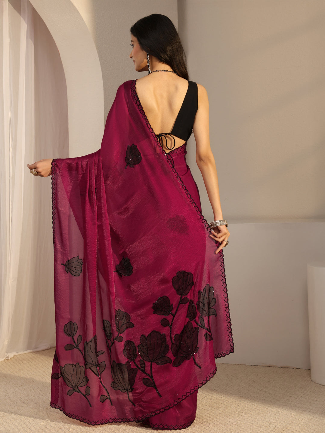 Libas Pink Embellished Tissue Saree With Unstiched Blouse Piece