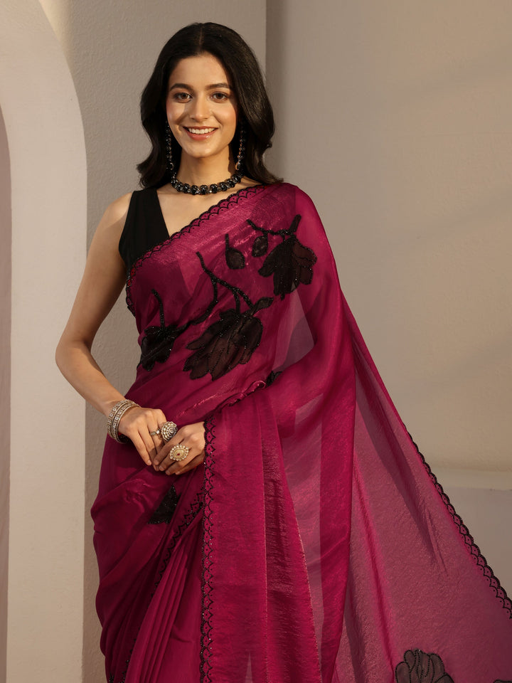 Libas Pink Embellished Tissue Saree With Unstiched Blouse Piece