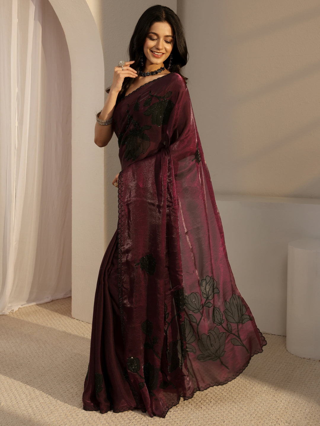 Libas Burgundy Embellished Tissue Saree With Unstiched Blouse Piece