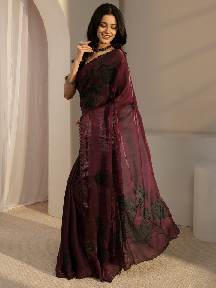 Libas Burgundy Embellished Tissue Saree With Unstiched Blouse Piece