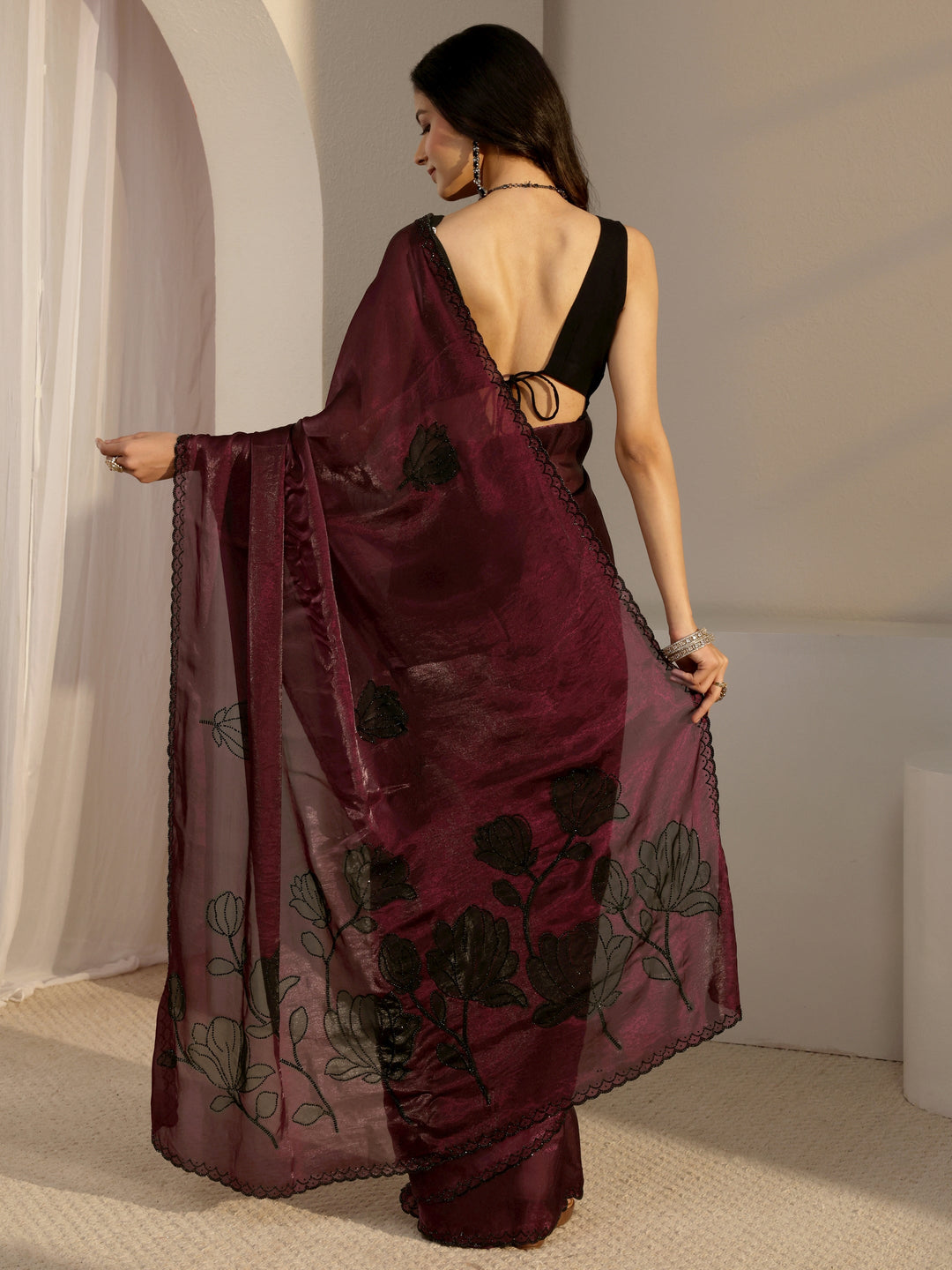 Libas Burgundy Embellished Tissue Saree With Unstiched Blouse Piece