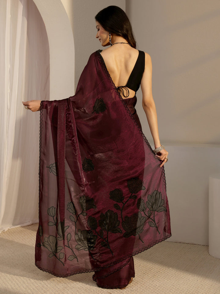 Libas Burgundy Embellished Tissue Saree With Unstiched Blouse Piece