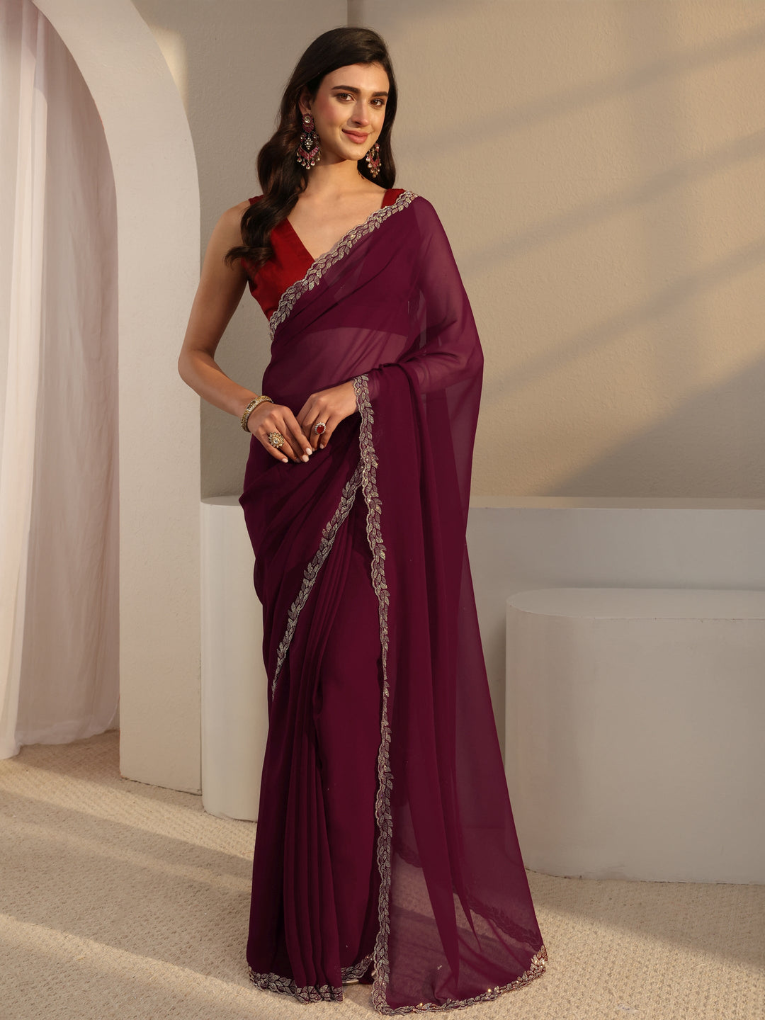 Libas Burgundy Embellished Border Georgette Saree With Unstitched Blouse Piece