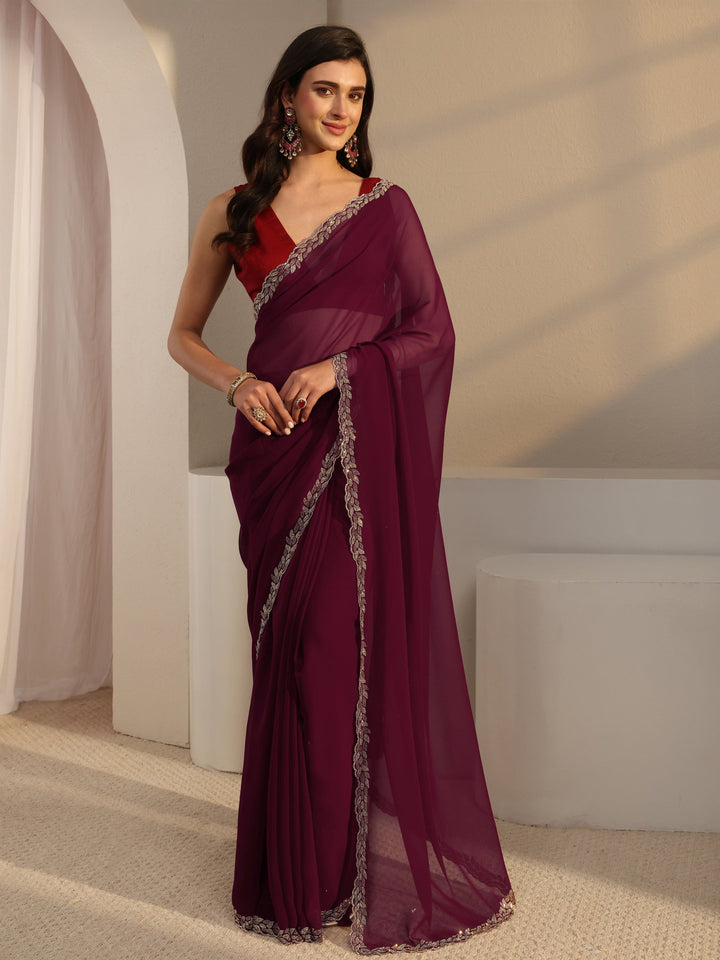 Libas Burgundy Embellished Border Georgette Saree With Unstitched Blouse Piece