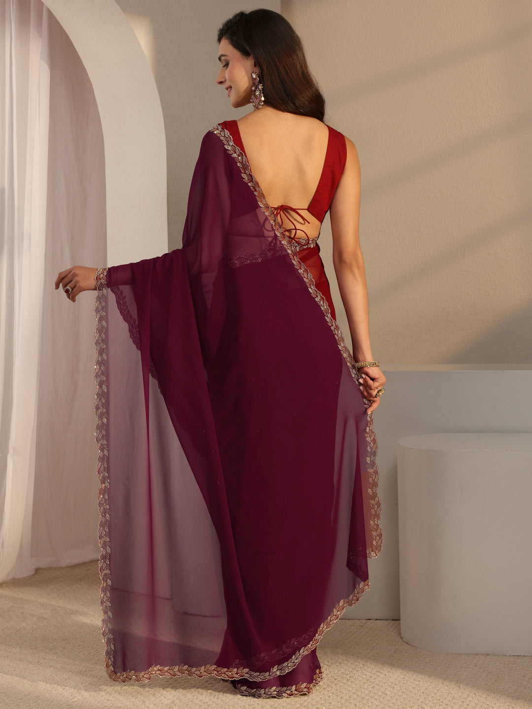 Libas Burgundy Embellished Border Georgette Saree With Unstitched Blouse Piece