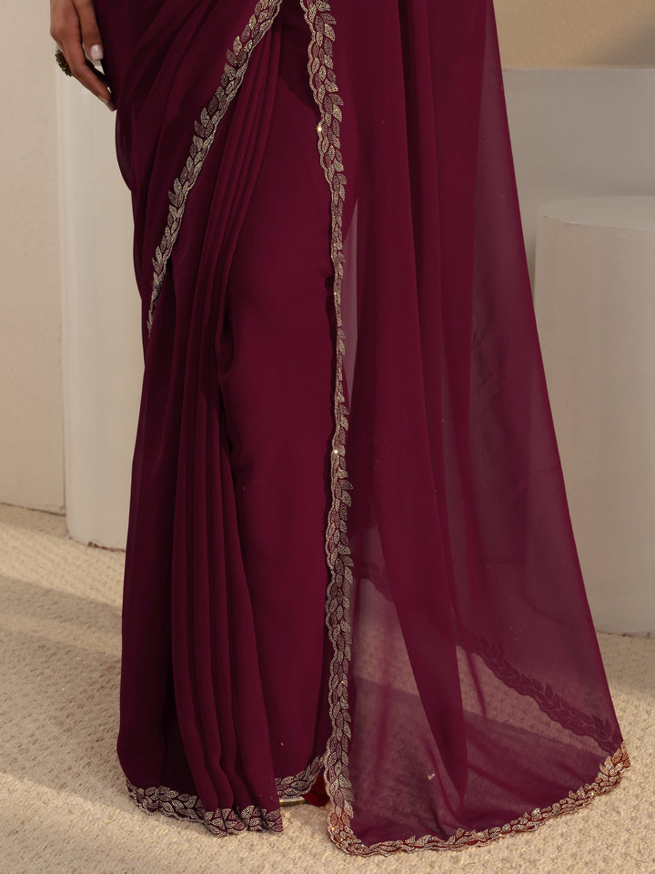 Libas Burgundy Embellished Border Georgette Saree With Unstitched Blouse Piece