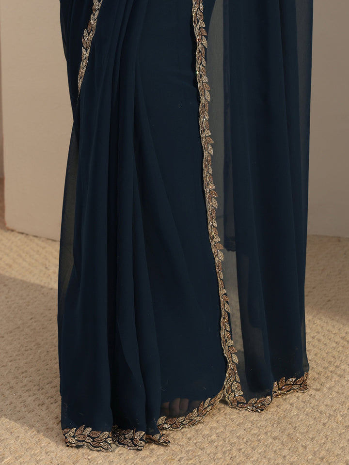 Libas Blue Embellished Georgette Saree With Unstiched Blouse Piece