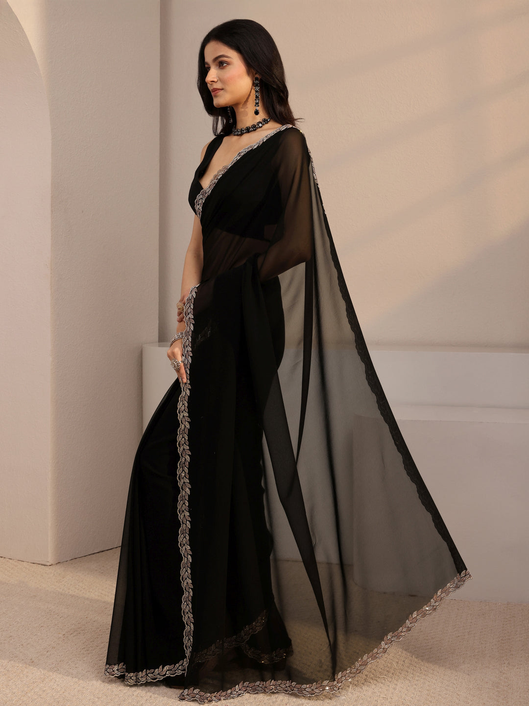 Libas Black Embellished Georgette Saree With Unstiched Blouse Piece