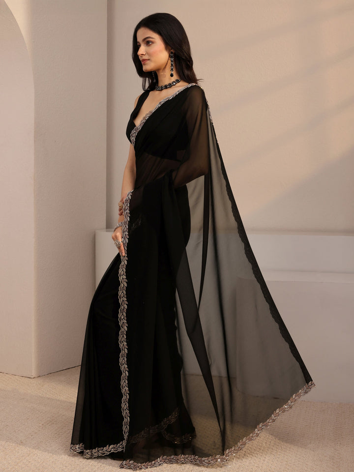 Libas Black Embellished Georgette Saree With Unstiched Blouse Piece