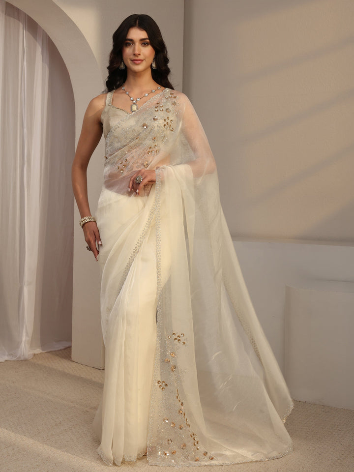 White Embellished Organza Saree With Unstitched Blouse Piece