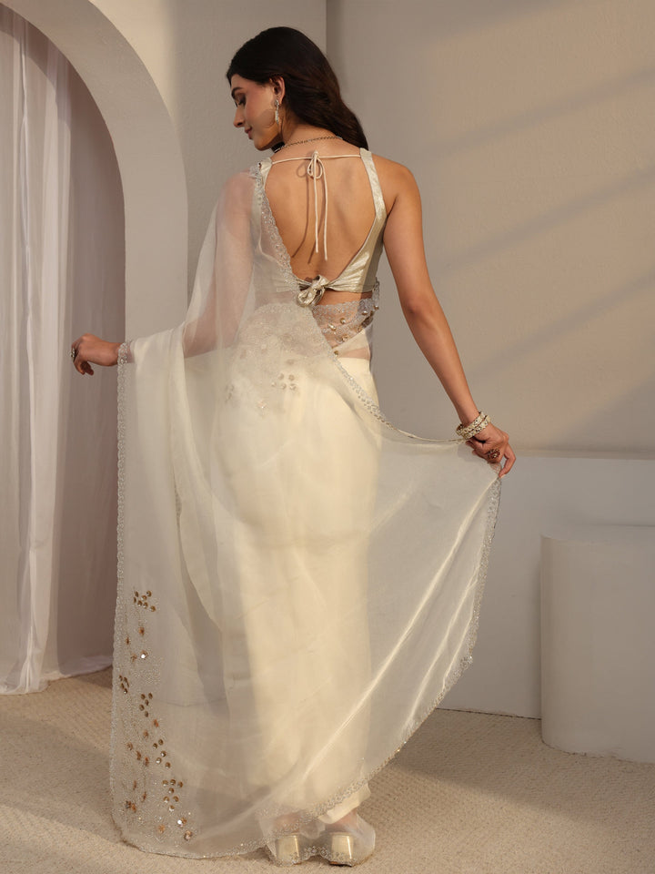 Libas White Embellished Organza Saree With Unstitched Blouse Piece
