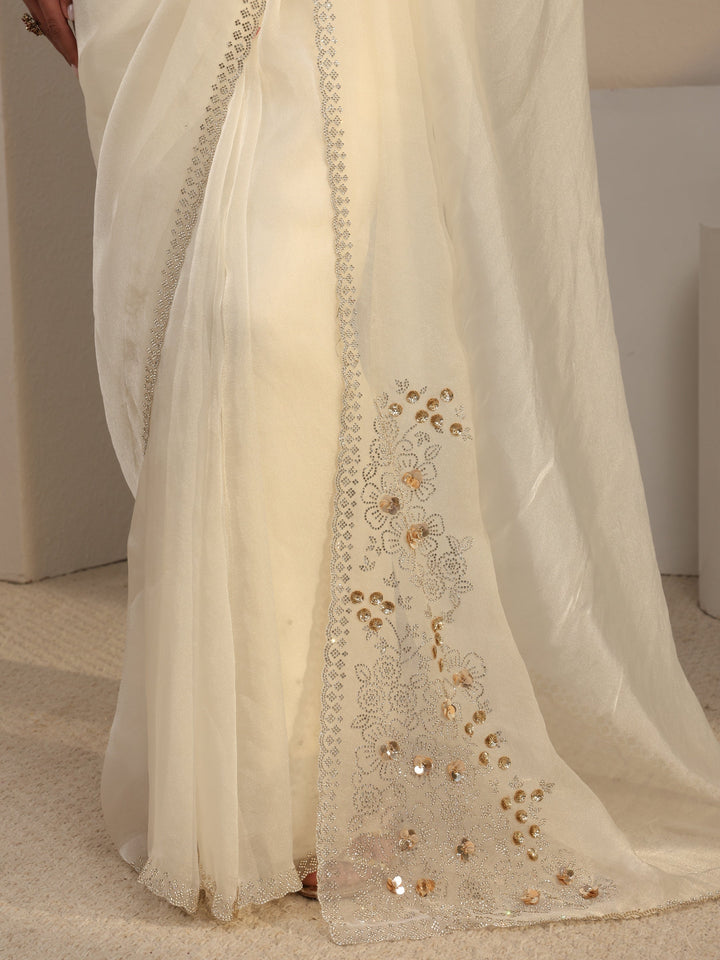 White Embellished Organza Saree With Unstitched Blouse Piece