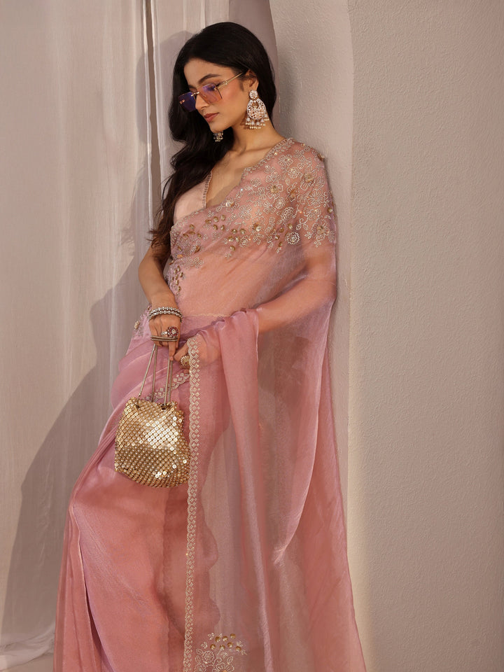 Libas Pink Embellished Organza Saree With Unstiched Blouse Piece