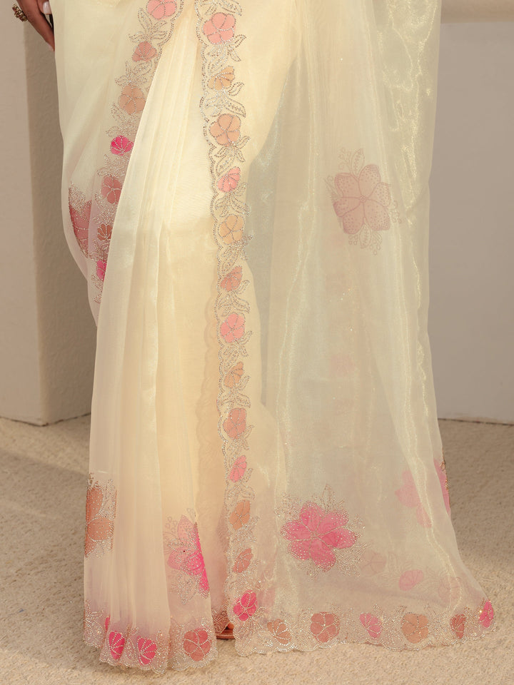 Libas Ivory Floral Embellished Organza Sareewith Unstitched Blouse Piece