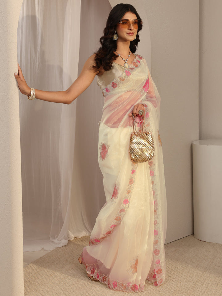 Libas Ivory Floral Embellished Organza Sareewith Unstitched Blouse Piece