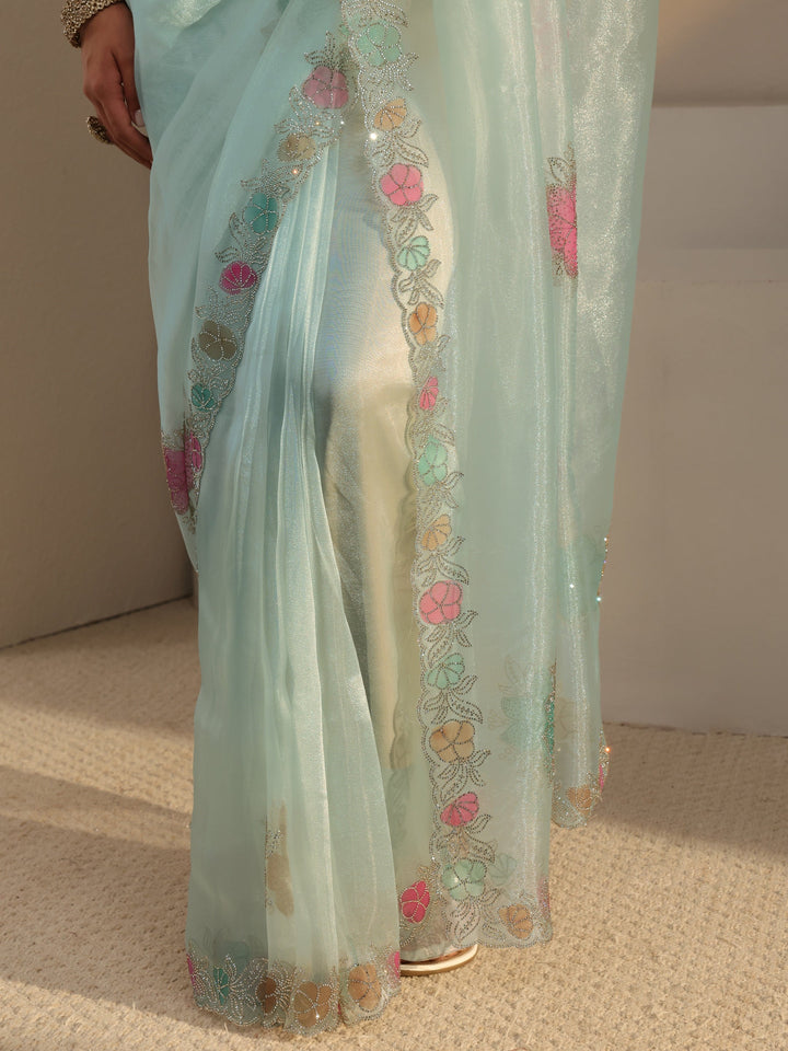 Libas Blue Floral Embellished Organza Saree With Unstitched Blouse Piece