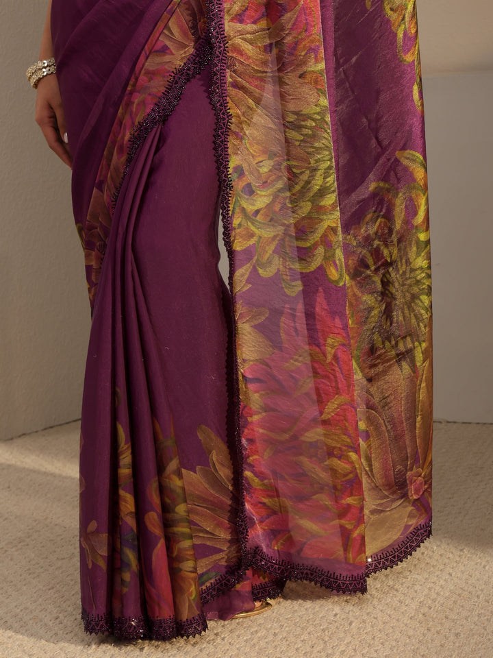 Libas Burgundy Floral Printed Satin Saree With Unstitched Blouse Piece