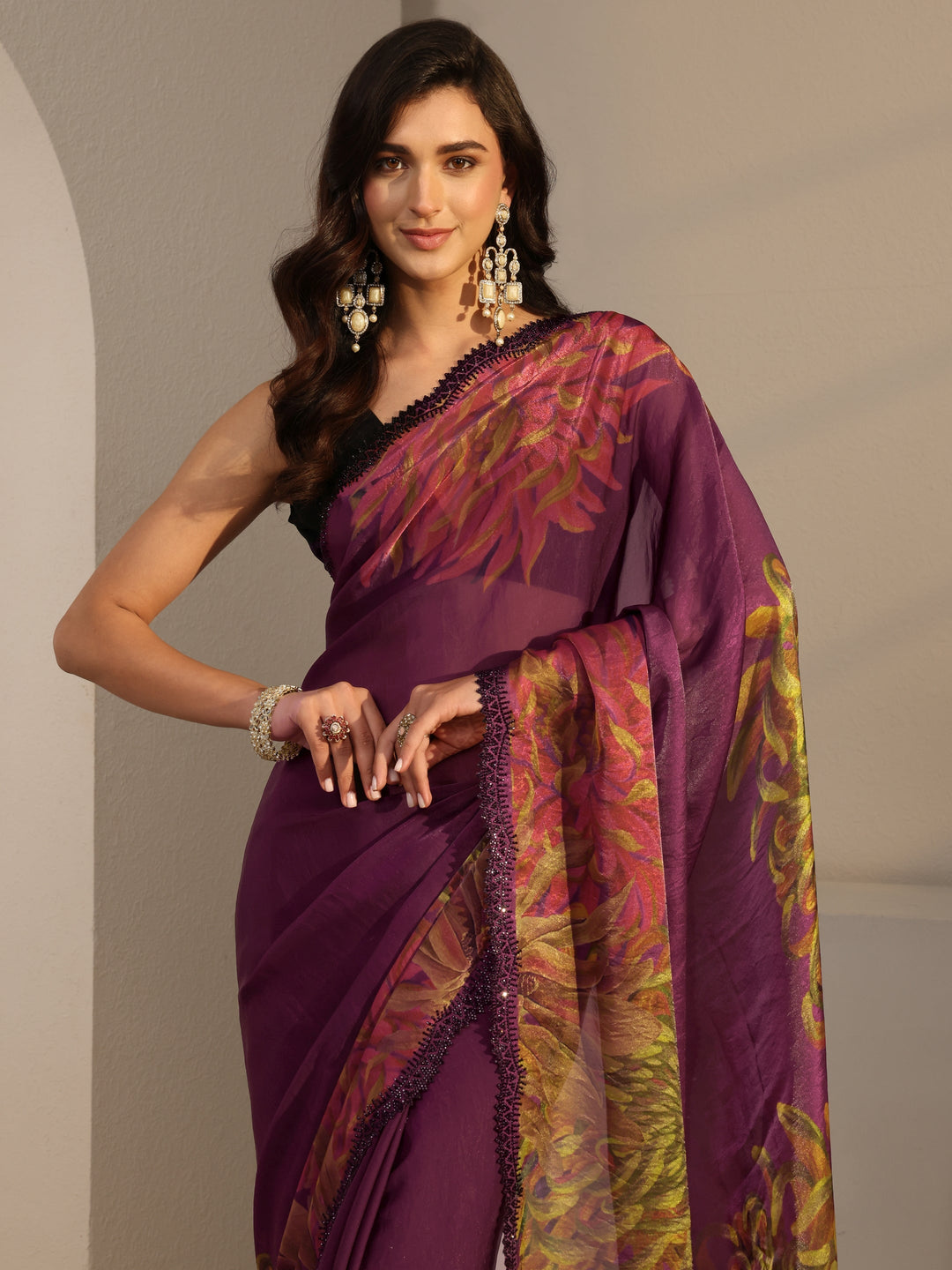 Libas Burgundy Floral Printed Satin Saree With Unstitched Blouse Piece