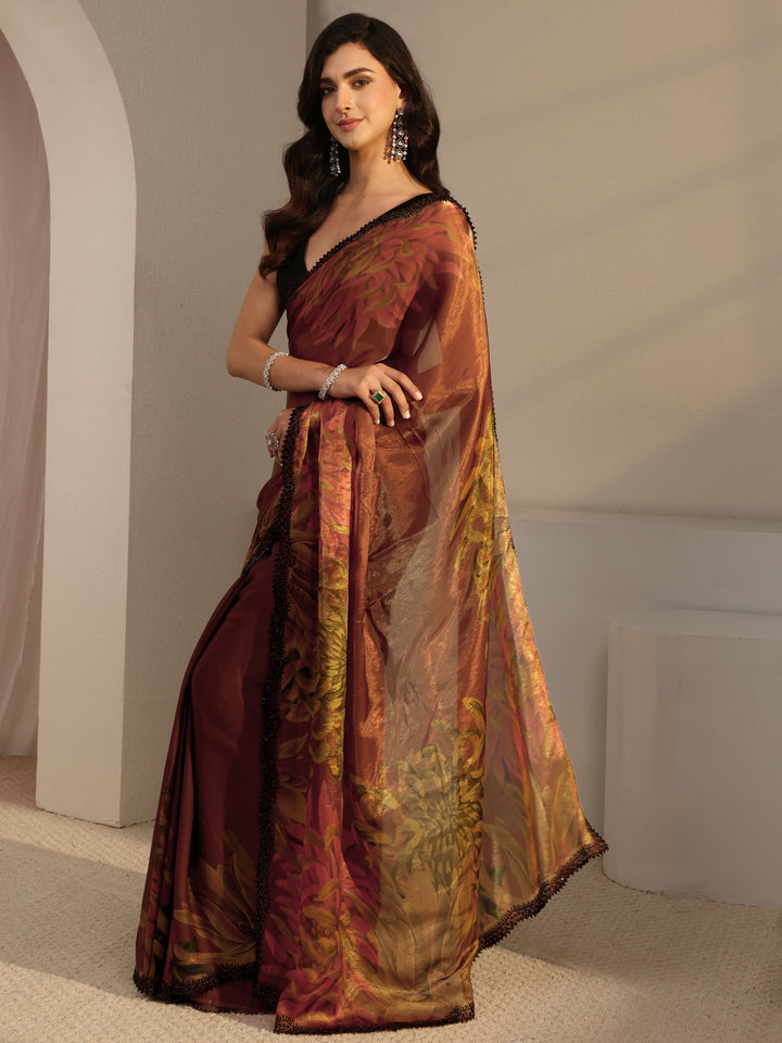 Libas Rust Floral Printed Satin Saree With Unstitched Blouse Piece