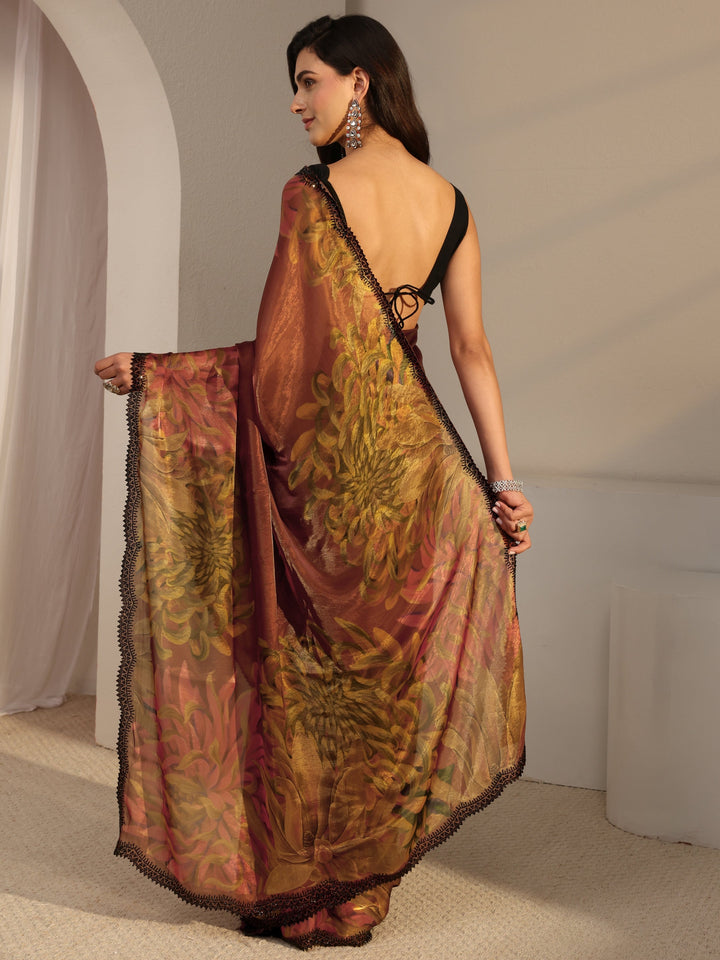 Libas Rust Floral Printed Satin Saree With Unstitched Blouse Piece