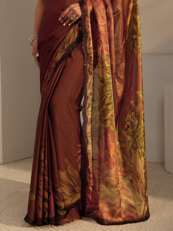Rust Floral Printed Satin Saree With Unstitched Blouse Piece