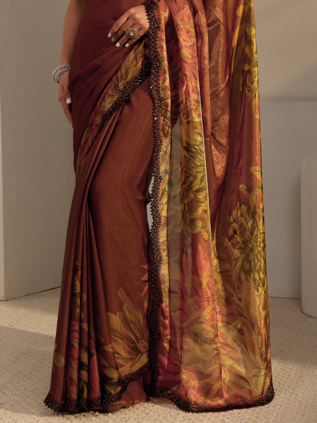 Libas Rust Floral Printed Satin Saree With Unstitched Blouse Piece