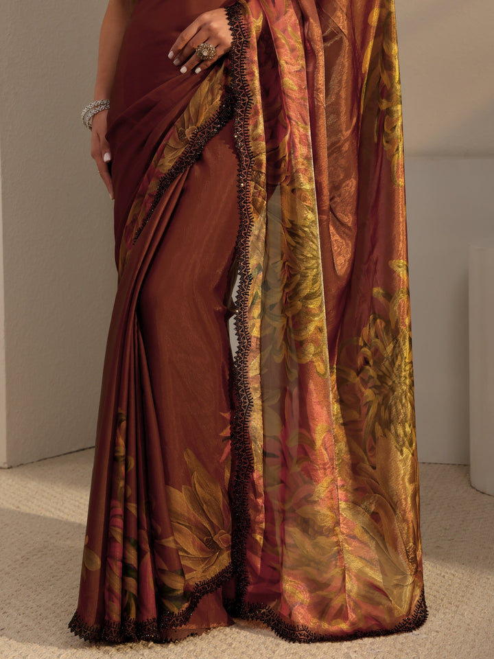 Libas Rust Floral Printed Satin Saree With Unstitched Blouse Piece
