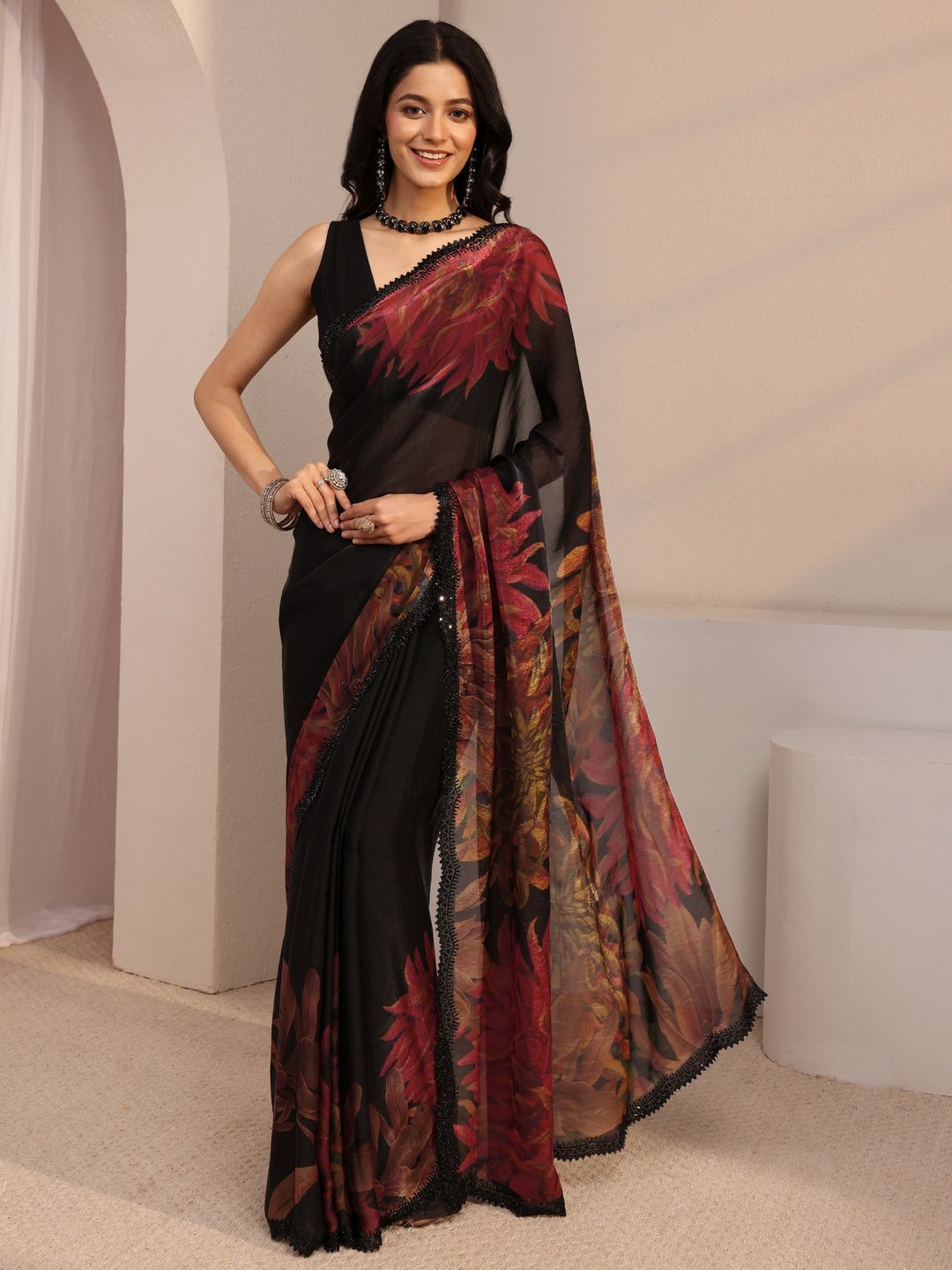 Libas Black Floral Printed Organza Saree With Unstiched Blouse Piece