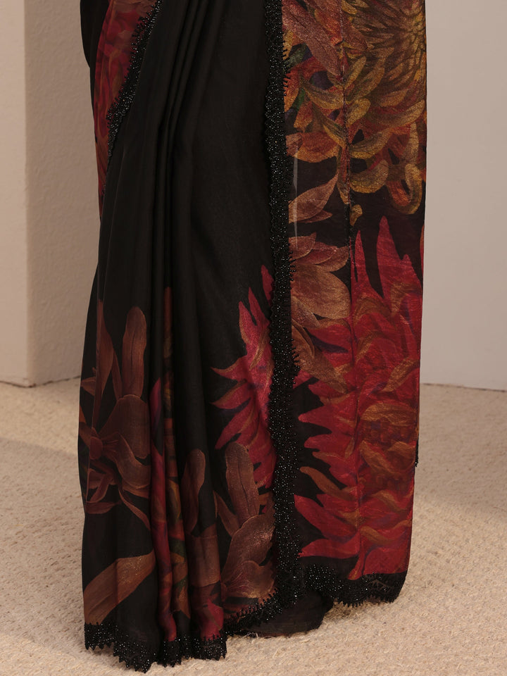 Libas Black Floral Printed Organza Saree With Unstiched Blouse Piece