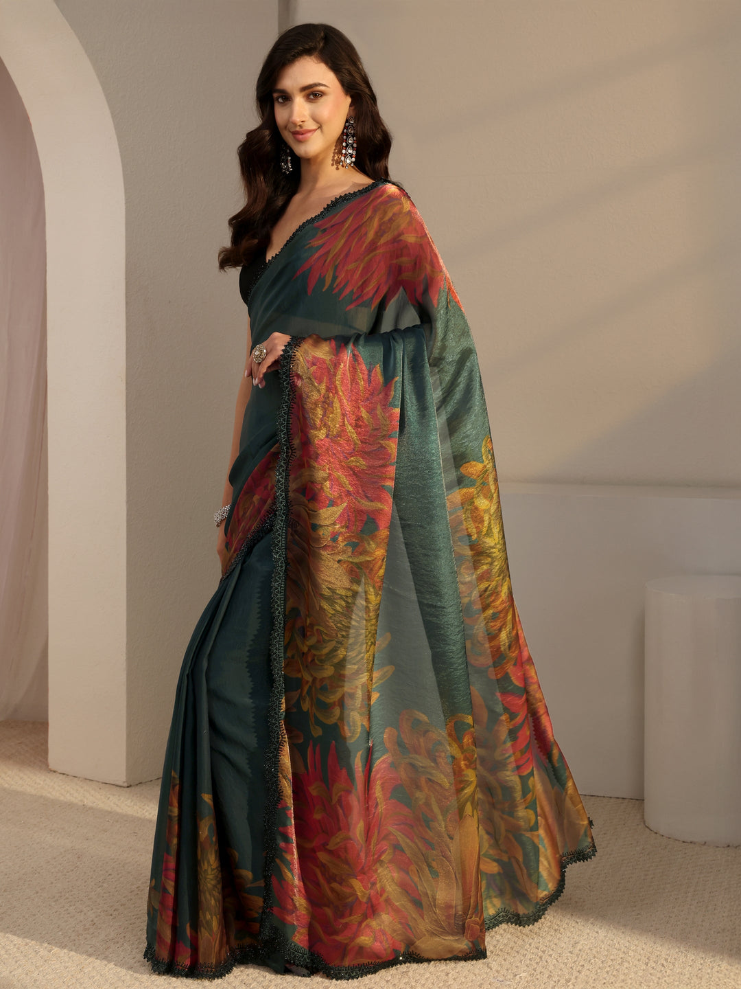 Libas Green Floral Printed Satin Saree With Unstitched Blouse Piece