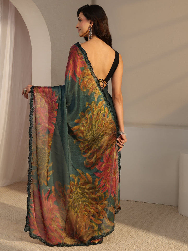 Libas Green Floral Printed Satin Saree With Unstitched Blouse Piece
