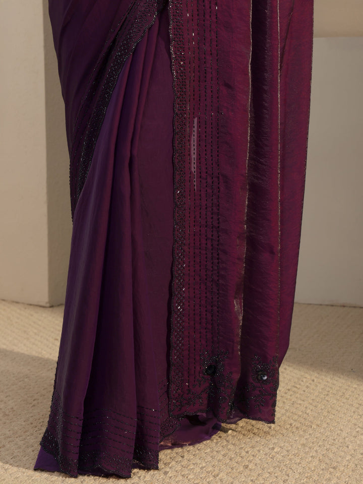 Libas Purple Embellished Tissue Saree With Unstitched Blouse Piece