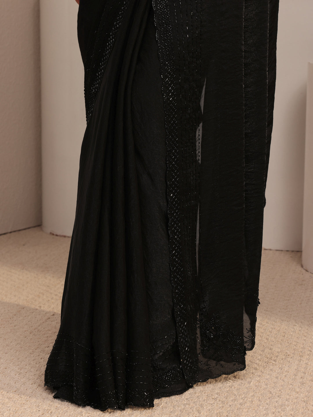 Libas Black Embellished Tissue Saree With Unstiched Blouse Piece