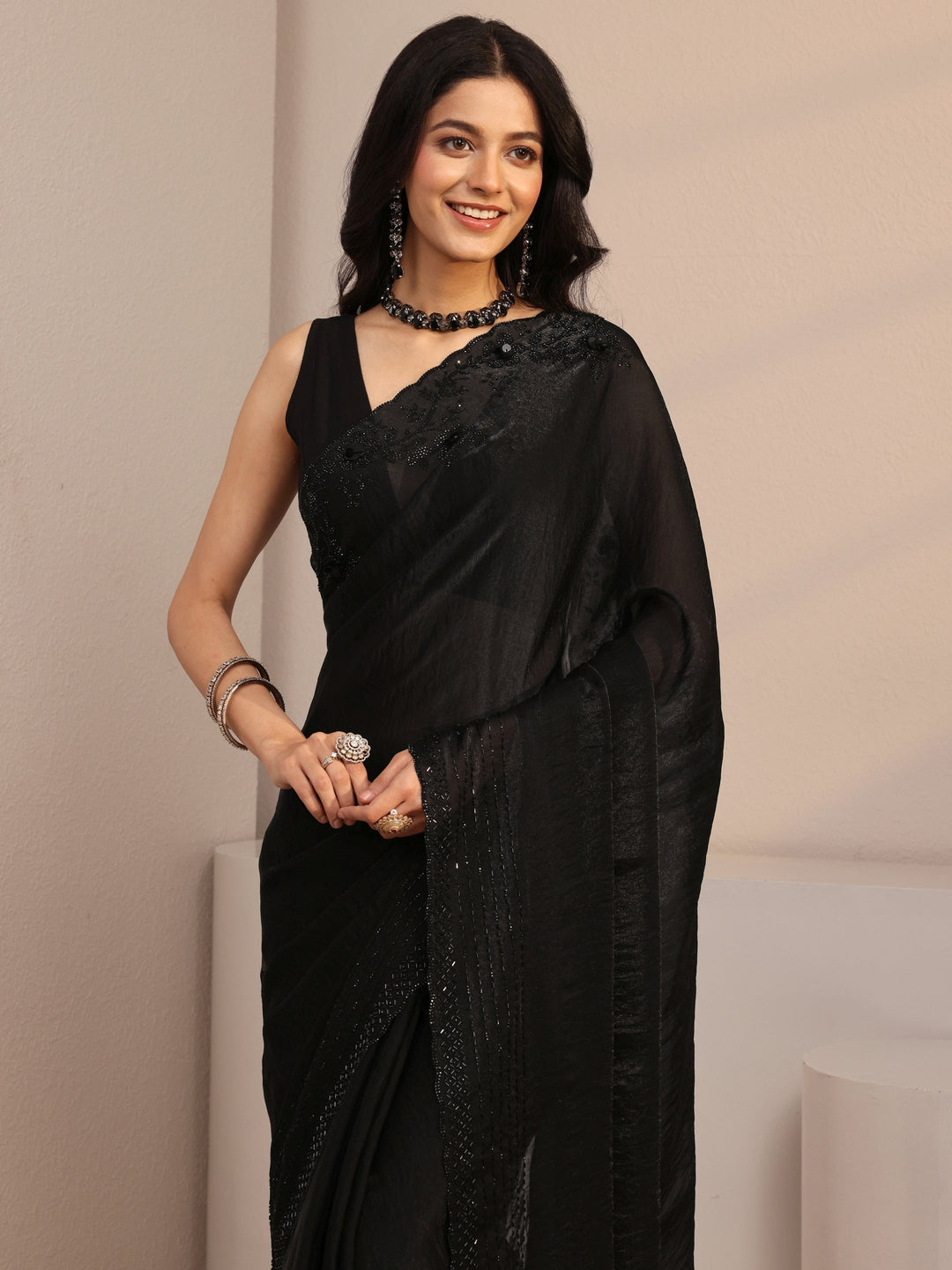 Libas Black Embellished Tissue Saree With Unstiched Blouse Piece