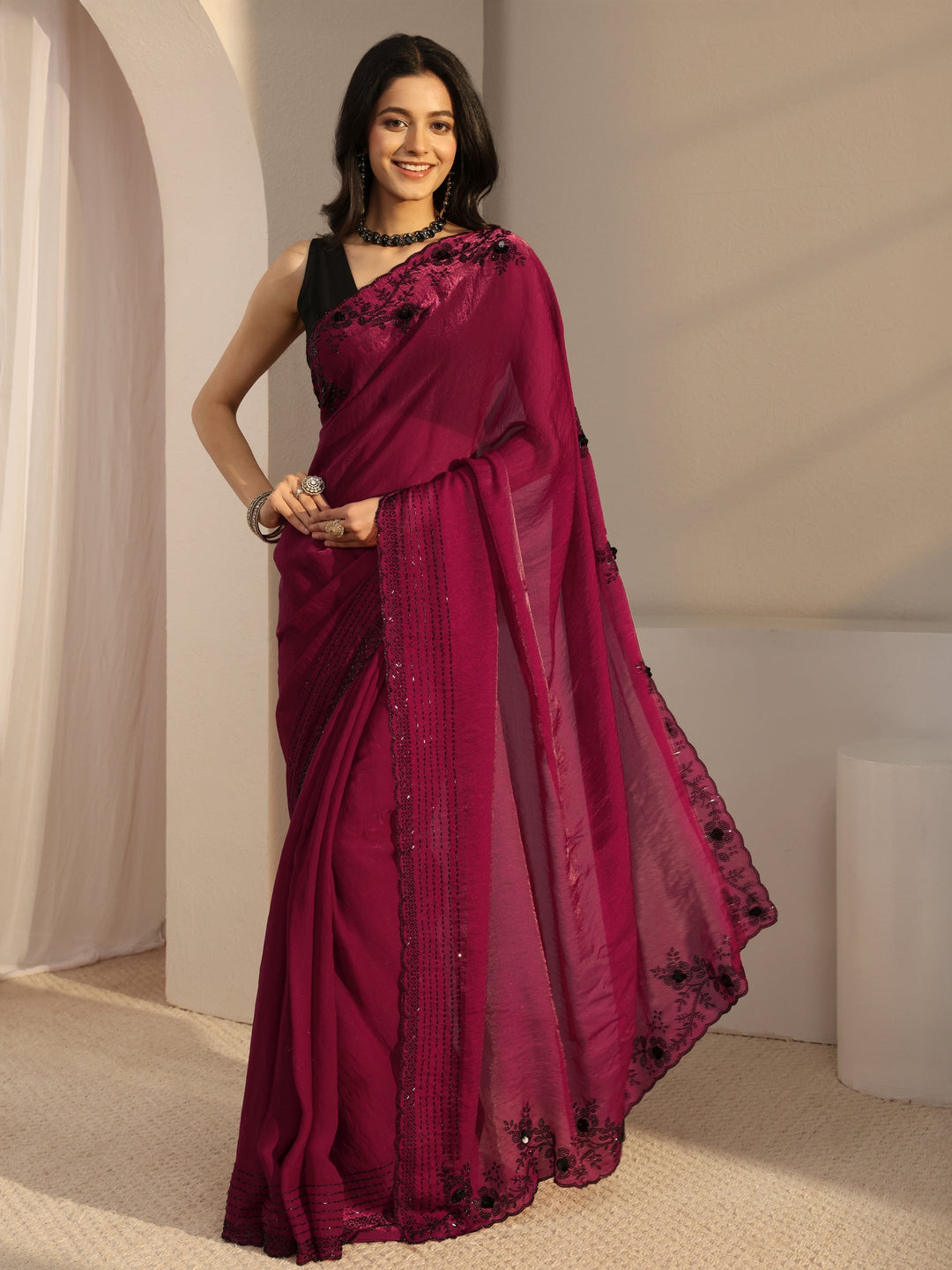 Libas Pink Embellished Tissue Saree With Unstiched Blouse Piece