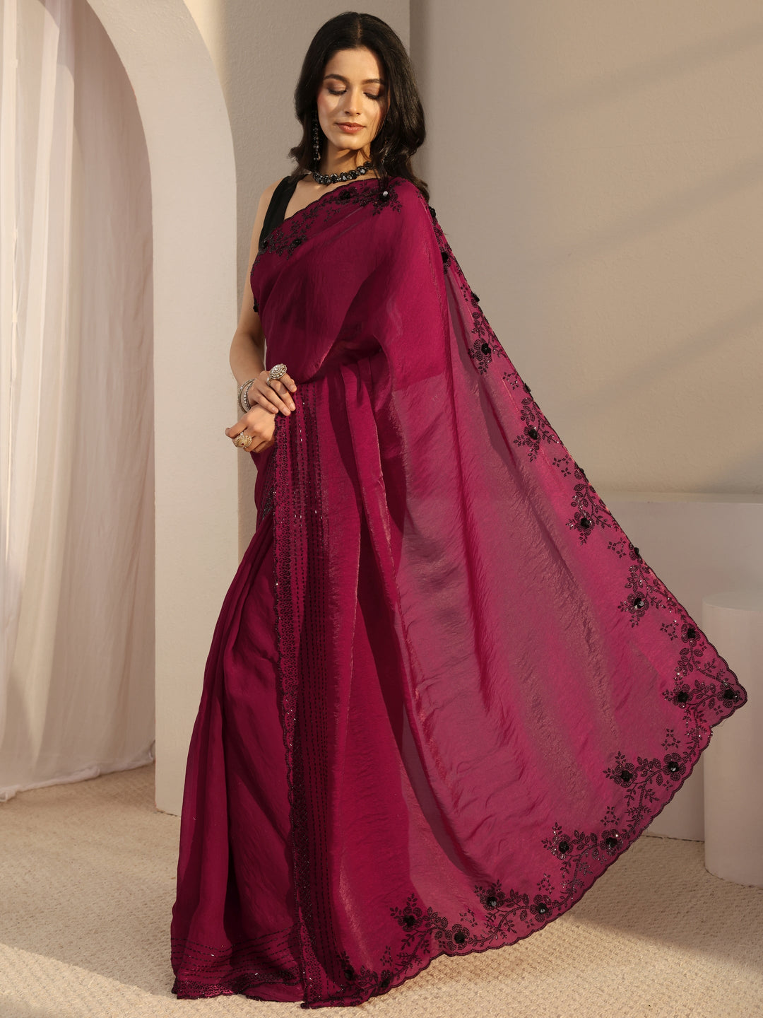 Libas Pink Embellished Tissue Saree With Unstiched Blouse Piece