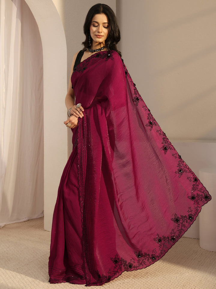 Libas Pink Embellished Tissue Saree With Unstiched Blouse Piece