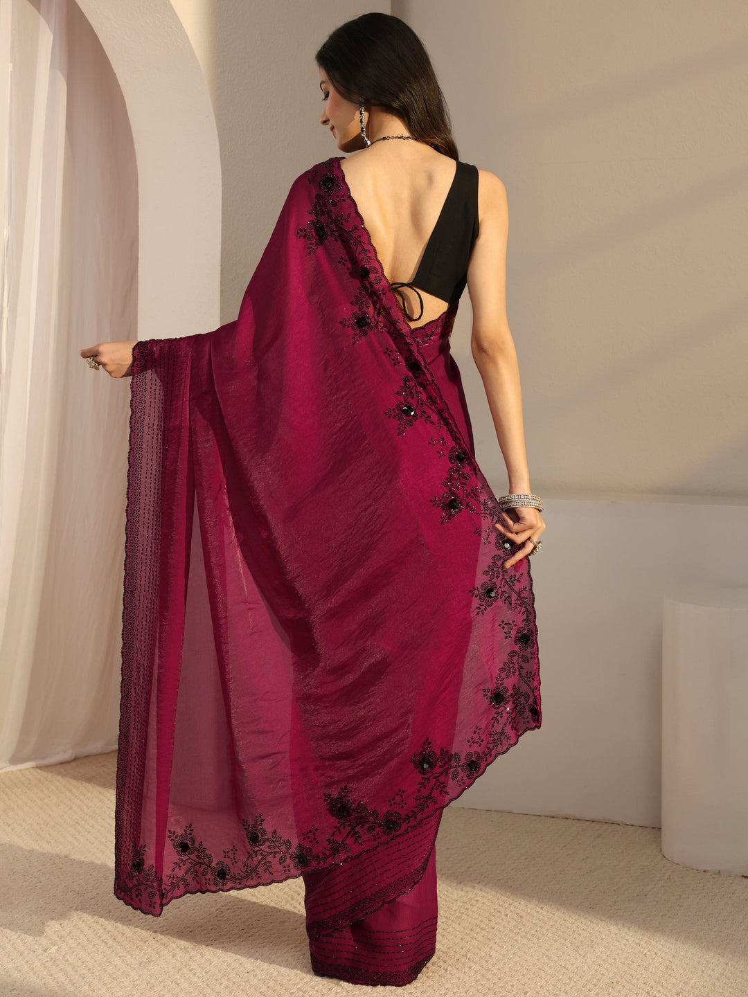 Libas Pink Embellished Tissue Saree With Unstiched Blouse Piece