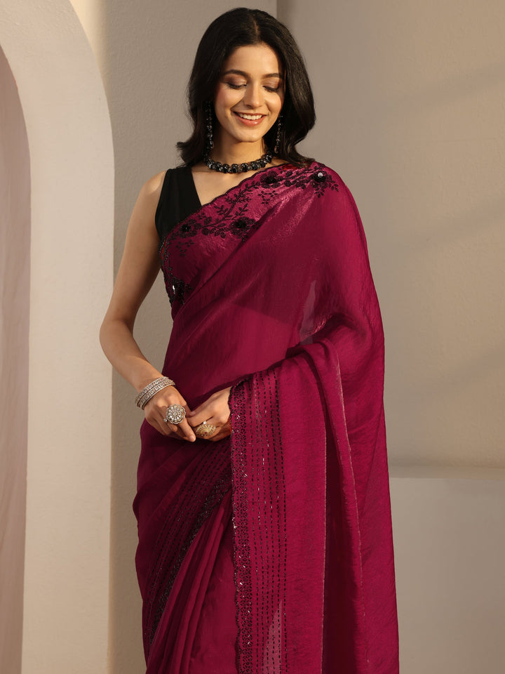 Libas Pink Embellished Tissue Saree With Unstiched Blouse Piece