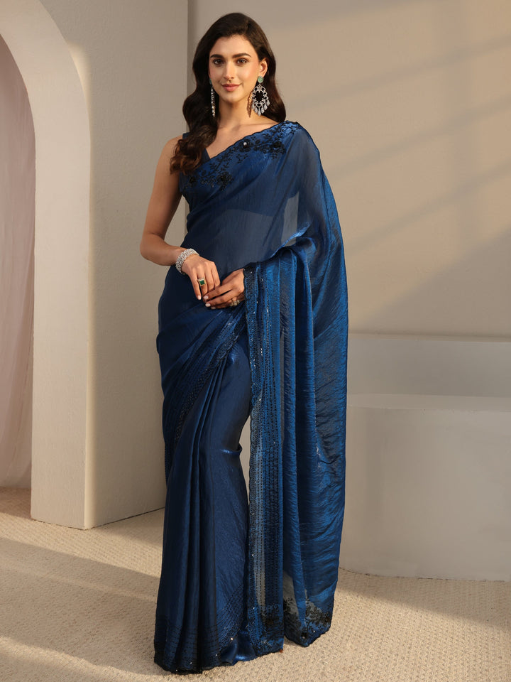 Libas Blue Floral Embellished Tissue Saree With Unstitched Blouse Piece