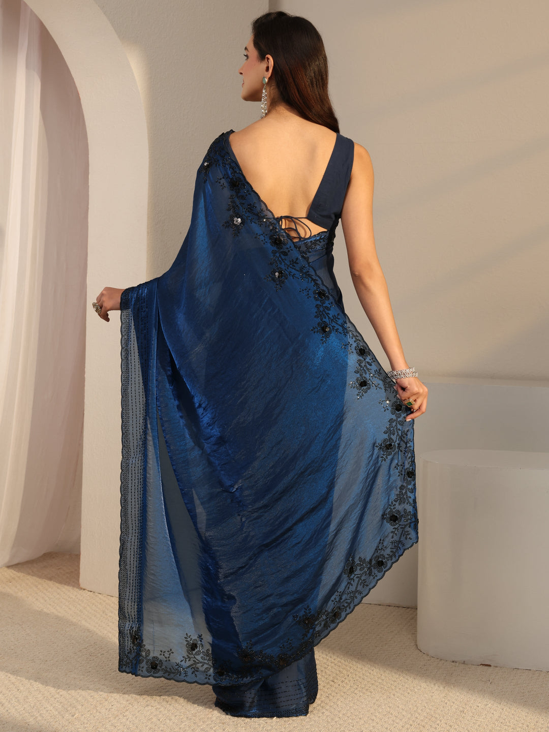 Libas Blue Floral Embellished Tissue Saree With Unstitched Blouse Piece