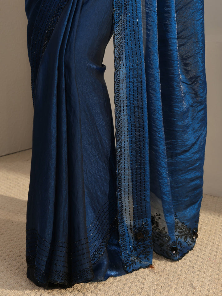 Libas Blue Floral Embellished Tissue Saree With Unstitched Blouse Piece