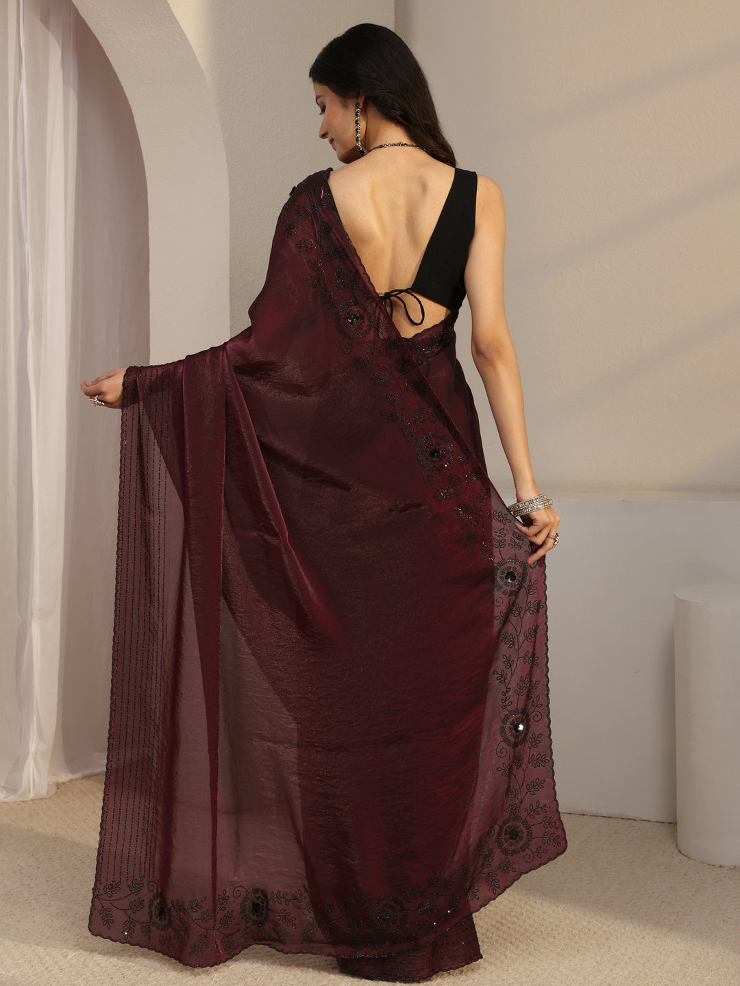 Libas Burgundy Embellished Tissue Saree With Unstiched Blouse Piece